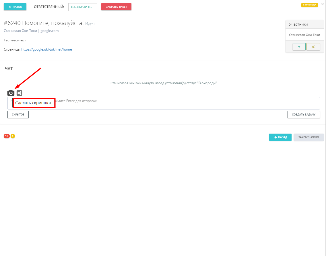Скриншот из интерфейса для тикета