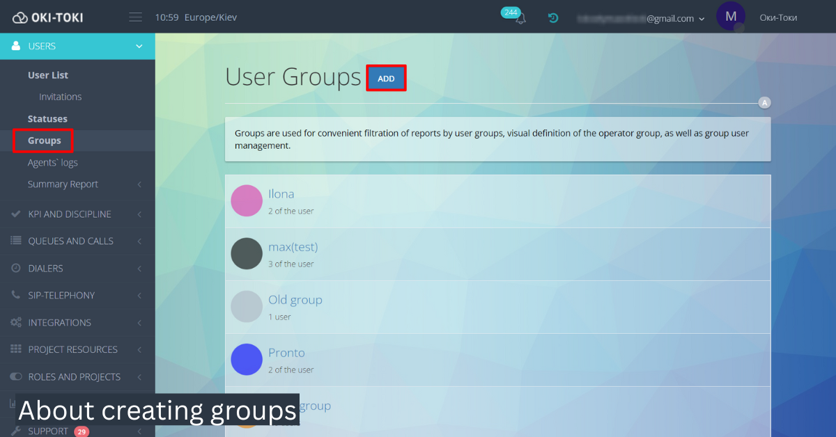 Note: User groups - PBX and SIP-telephony Oki-Toki