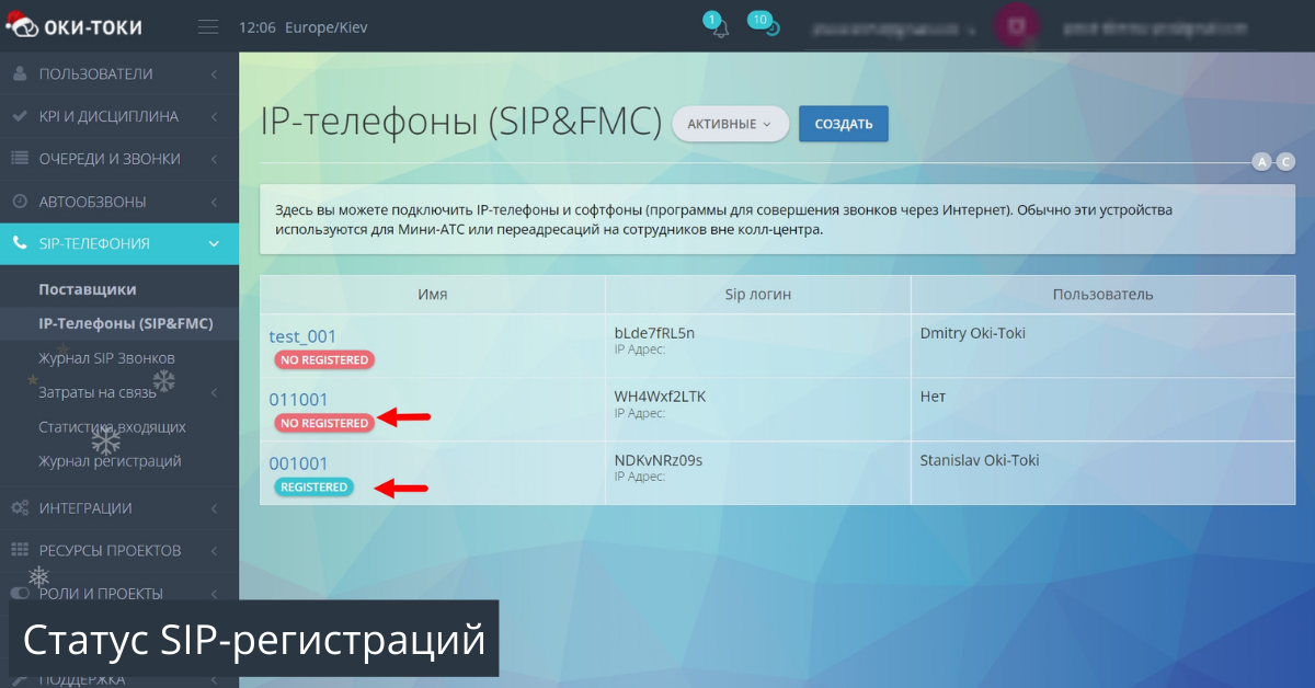 Статус SIP-регистраций