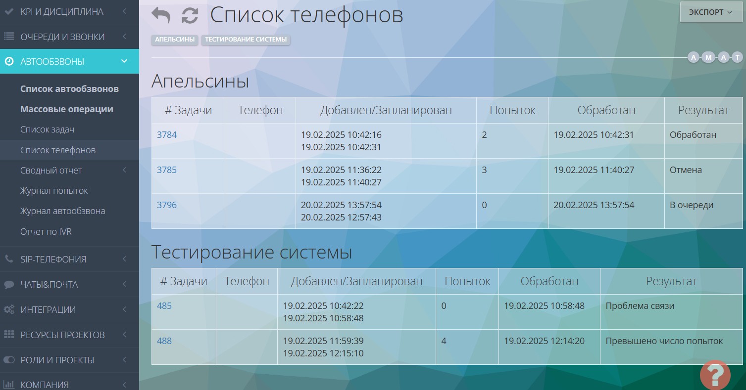 Отчет «Список телефонов»
