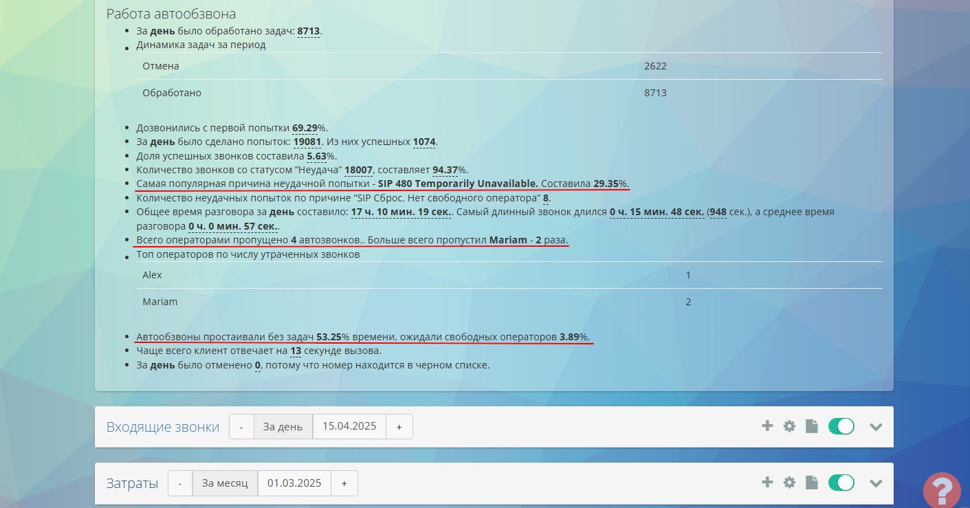 Рапорт по работе автообзвона