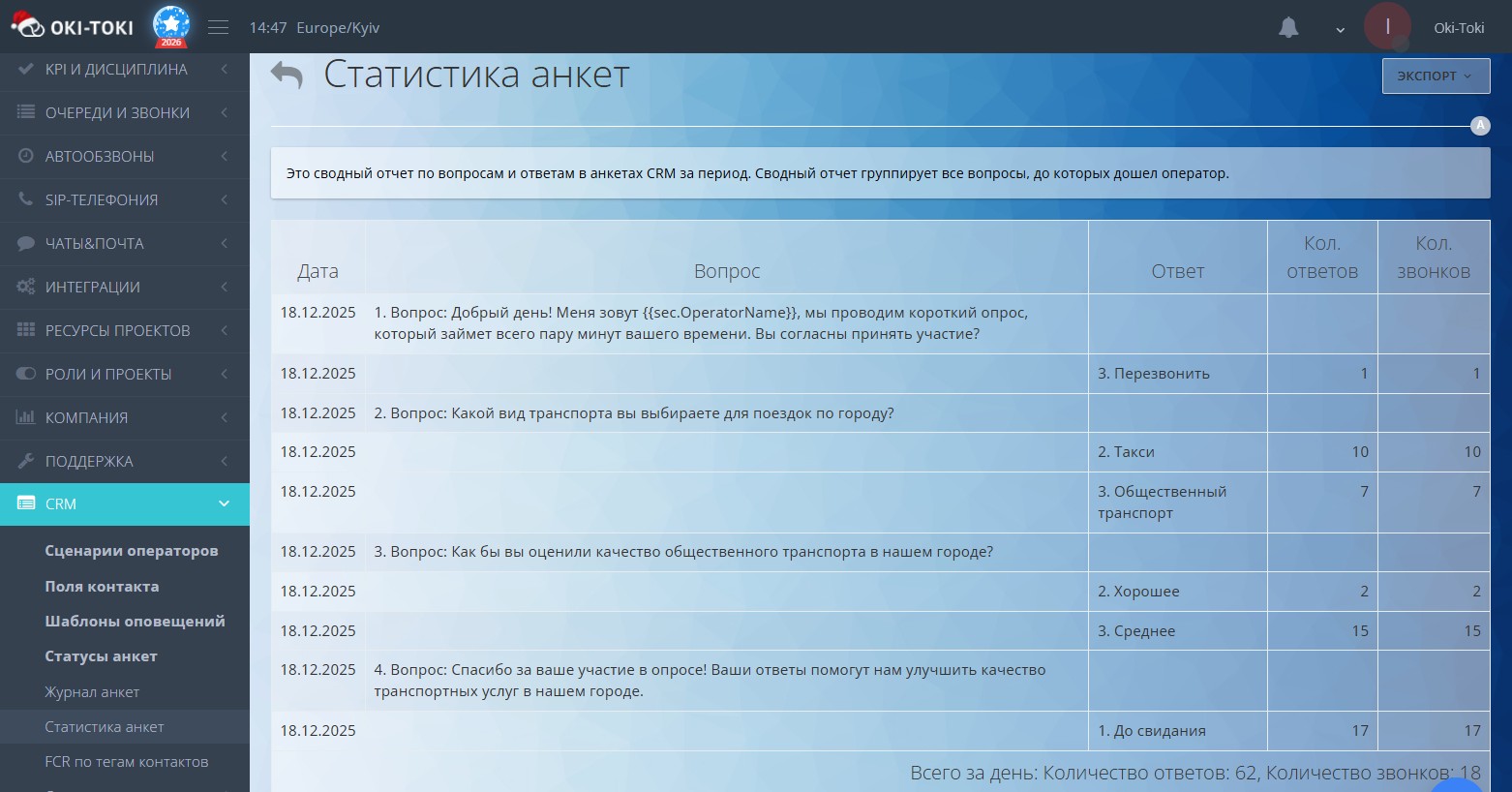Отчет «Статистика анкет»