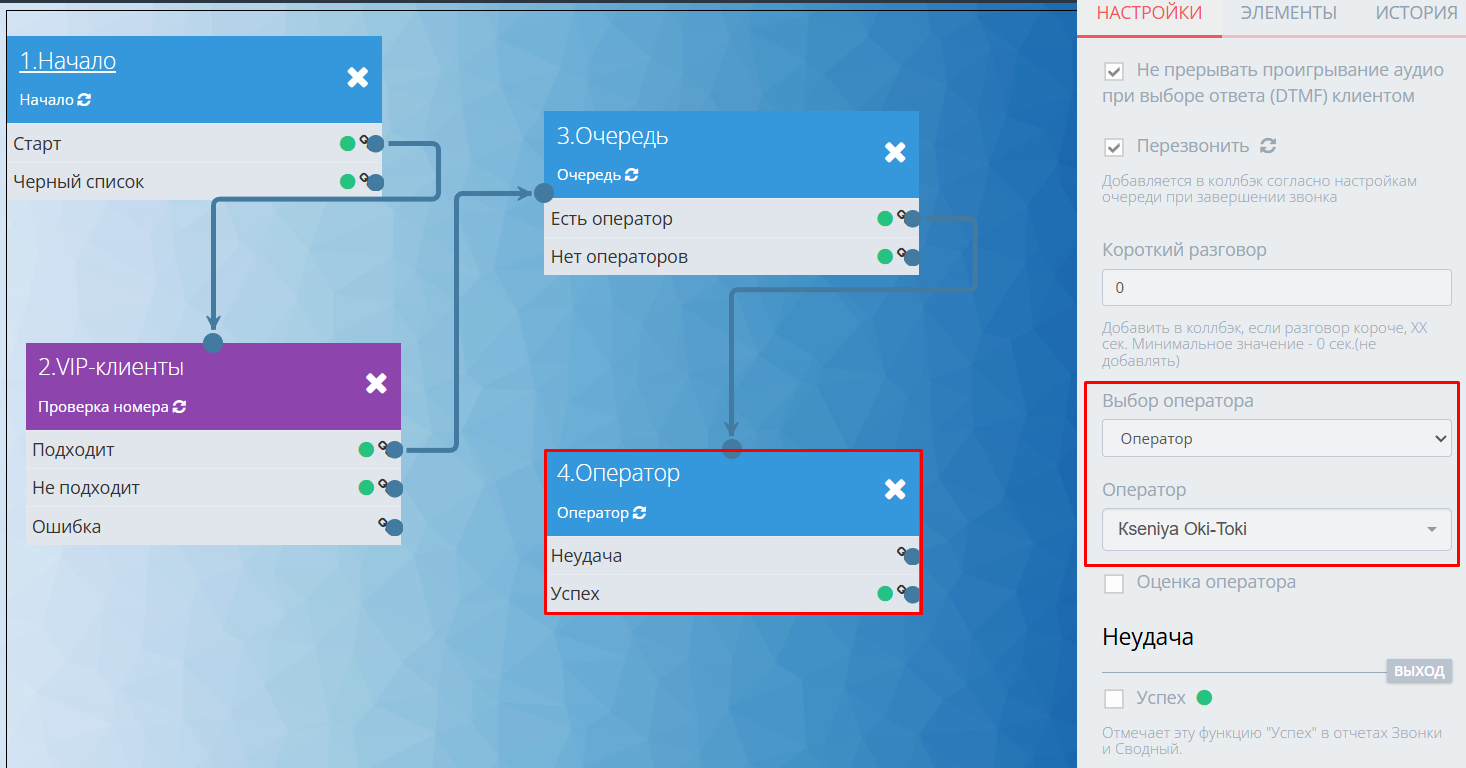 Выбор оператора в сценарии звонка