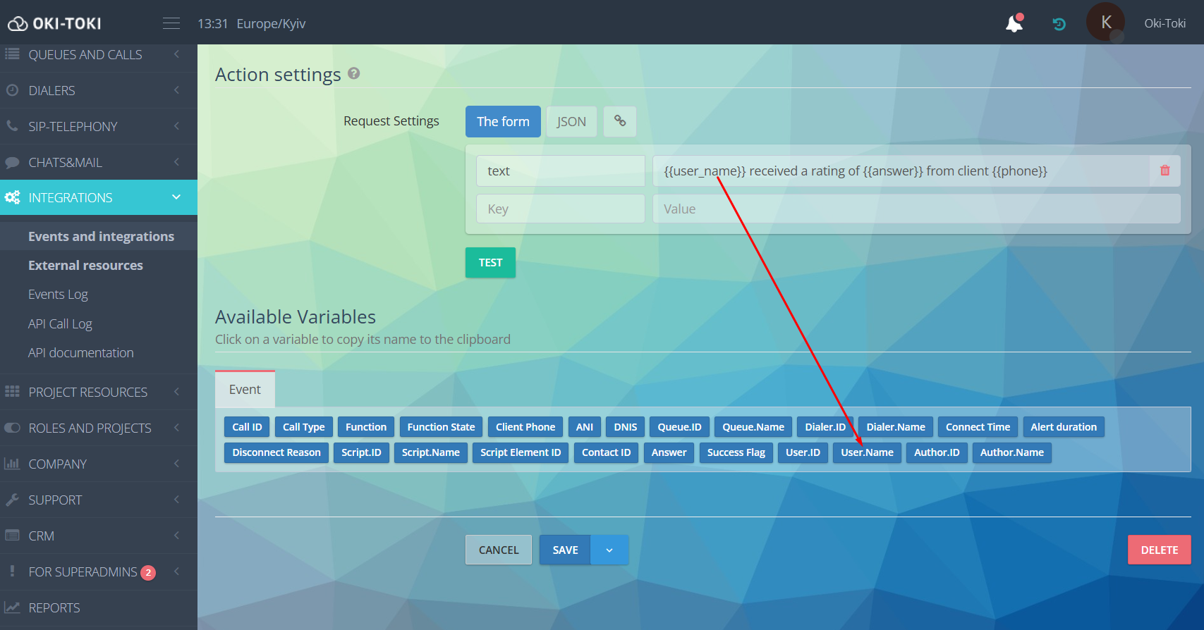 Параметры действий Telegram