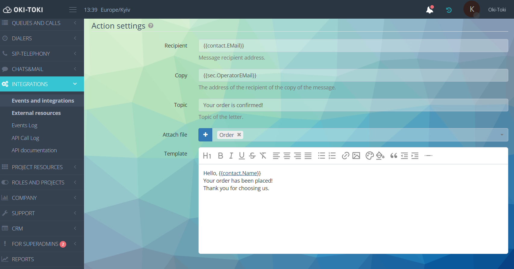 Параметры действий Mail SMTP